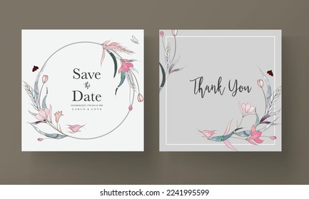 hand drawing watercolor with line art floral  wedding invitation card