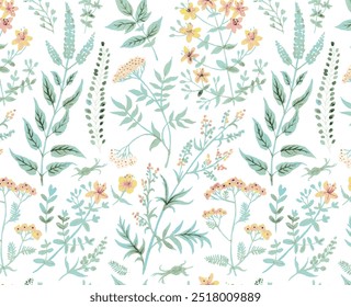 Hand drawing watercolor spring pattern with green leaves, clovers. illustration isolated on white