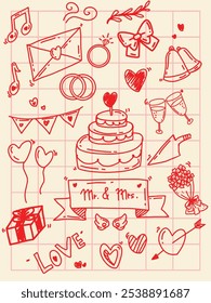 Hand Drawing Wedding day symbol doodle art with red color pen