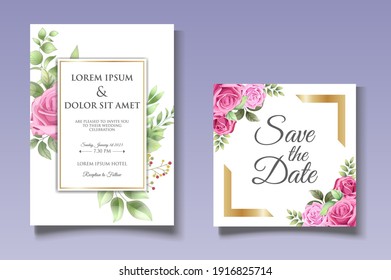 Hand drawing wedding invitation card with beautiful flowers and leaves