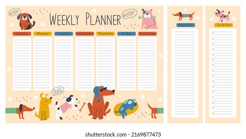 Hand drawing weekly planner with dogs. Vector illustrations