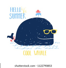 Hand drawing whale print design with slogan. Vector illustration design for fashion fabrics, textile graphics, prints.