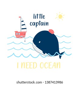 Hand drawing whale and ship  vector illustration.