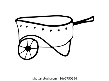 Hand drawing wheelbarrows for the garden vector illustration in doodle style. Black and white gardening tool.