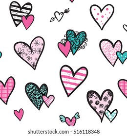 Hand drawing white background with colorful hearts include flowers, lines and ethnic elements inside. Girlish repeated love pattern. Valentines day backdrop. Abstract seamless girlish backdrop