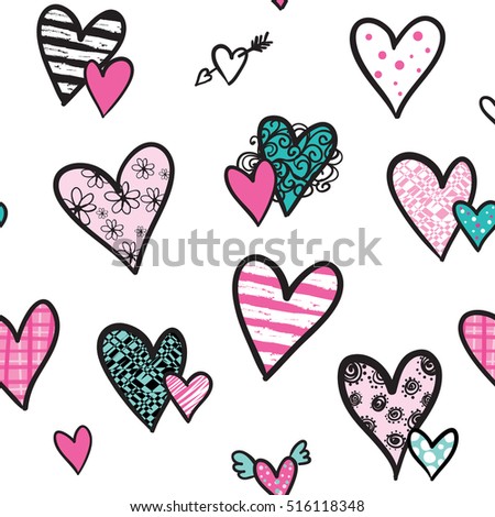 Hand drawing white background with colorful hearts include flowers, lines and ethnic elements inside. Girlish repeated love pattern. Valentines day backdrop. Abstract seamless girlish backdrop