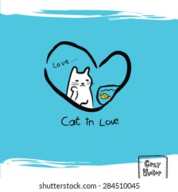 Hand drawing white cat with heart logo vector.