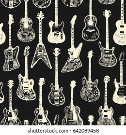 Hand drawing white on black electric & acoustic guitar collection. Isolated vector seamless background