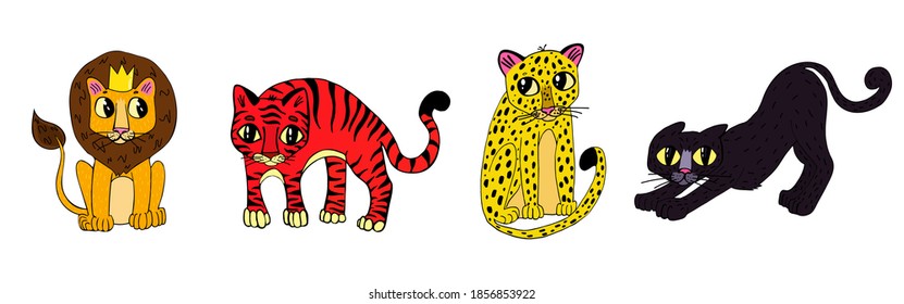Dibujo manual de gatos salvajes. Juego de vectores, león, leopardo, pantera, tigre. Caricatura de gato exótico. Ilustración dibujada por mano