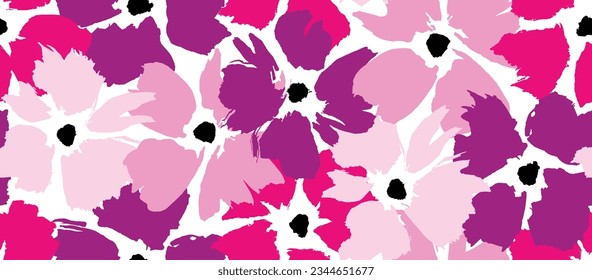 Hand drawing wild flowers seamless pattern, flower colorful botanical with brush texture.