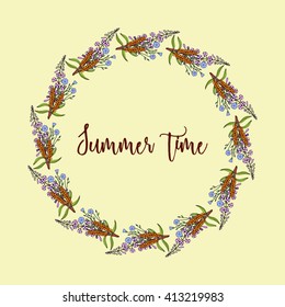 Hand drawing wild herbs wreath - fireweed, flax