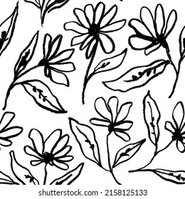 Dibujo a mano de plantas silvestres, hierbas y flores. Patrón vectorial sin fisuras con elementos negros botánicos. Dibujo de líneas de flor abstracta. Aroma decorativo de camomila y margarita en blanco y negro