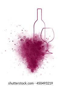 hand drawing wine bottle and glass with grunge red grape