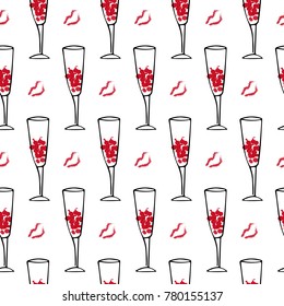 Hand drawing of wine glasses. Seamless pattern, vector design. Illustration for gift wrapping, wallpaper.