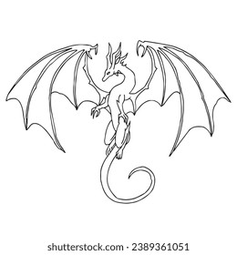 Hand drawing of a winged dragon suspended in the air. Vector Illustration of a dragon on white background