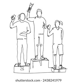 Hand drawing winner on the podium. Hand holding medal. illustration icon vector