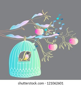 hand drawing winter background with cage and bird, vector illustration
