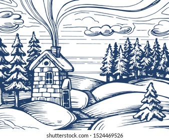 Hand drawing of winter landscape. The house in the spruce forest is a sketch.