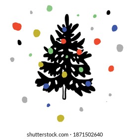 Hand drawing winter minimalistic illustration with fir tree, Christmas  postcard in scandinavian style.