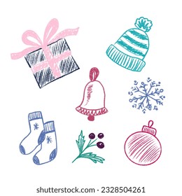 Hand drawing winter set with gift box, snowflake, christmas boll and bell with socks, knitted hat, vector collection isolated on white