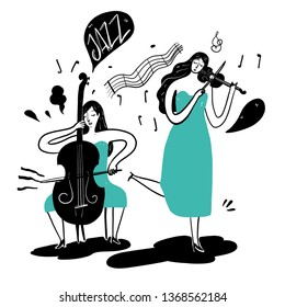 Hand drawing women playing music. Vector Illustration doodle style.