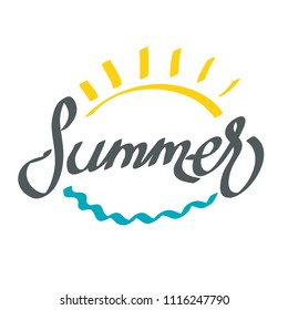 Hand drawing word Summer with abstract sun and ocean wave for your design, stock vector illustration
