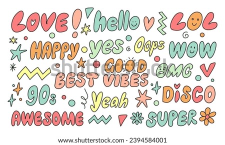 Hand drawing words styles for retro items. Set 90 s retro item.
