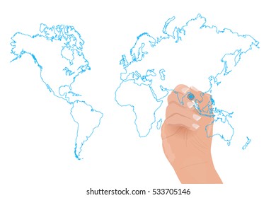 Hand drawing a world map with colorful marker.