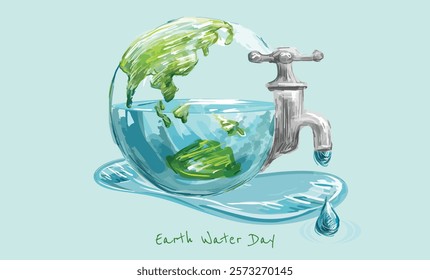 Hand drawing World Water Day water tap with spigot painting, Water conservation Water efficiency, Environmental Earth, drop, environmental Protection