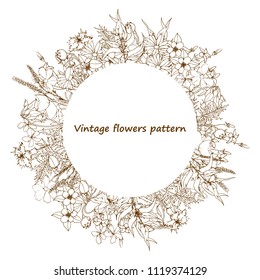 Hand drawing wreath with garden flowers