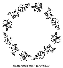 Hand drawing with a wreath of leaves of the trees. Rowan oak maple . Coloring pages with a wreath for children and adults. Simple Monochrome floral arrangement, vector illustration. Black and white.