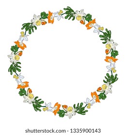 Hand drawing wreath, round frame,border with Delicate spring flower narcissus,daffodil and Crassula, Succulent leaves, branches and flowers.  Elements for greeting, wedding card.Sketch, Linart
