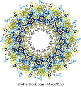 Hand drawing a wreath of spring flowers. Round pattern of spring flowers. Flowers and wreaths for invitations.