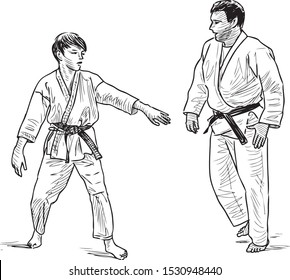 Hand drawing of wrestling coach and his teen student in training combat