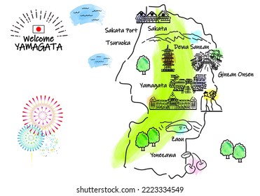 hand drawing YAMAGATA JAPAN tourist spot map, vector