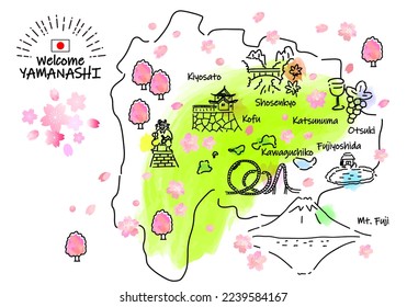 hand drawing YAMANASHI JAPAN in Spring tourist spot map, vector