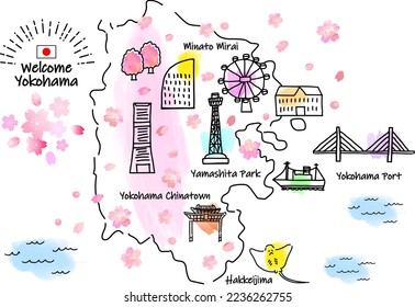 hand drawing YOKOHAMA JAPAN in Spring tourist spot map  pink  vector
