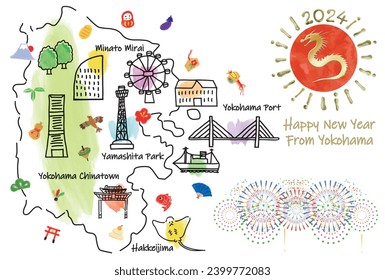 hand drawing YOKOHAMA JAPAN tourist spot map new year card 2024, vector