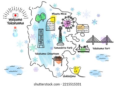 hand drawing YOKOHAMA JAPAN in Winter tourist spot map  vector