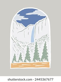 Dibujo a mano yosemite cae diseño de Vector para camiseta, insignia, ilustración de pegatina