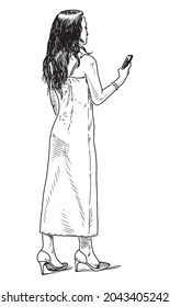 Hand drawing of young city woman in long dress standing and looking at phone