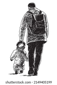 Hand drawing of young father with his baby walking outdoors
