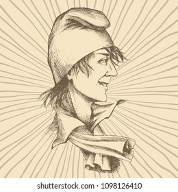 Hand drawing of a young Frenchman in a Phrygian cap. A symbol of freedom, on the background of radial rays.