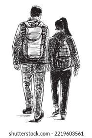 Hand drawing of young tourists couple walking outdoors together 