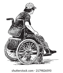 Hand drawing of young woman in wheelchair on a walk