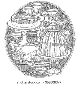 Hand drawing zentangle black and white  ornament. With elements of time for tea, cups, teapot, cake and cupcakes. Could be use  for coloring book.