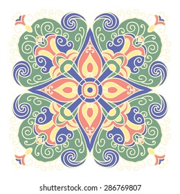 Hand drawing zentangle color element. Italian majolica style Flower mandala. Vector illustration. The best for your design, textiles, posters
