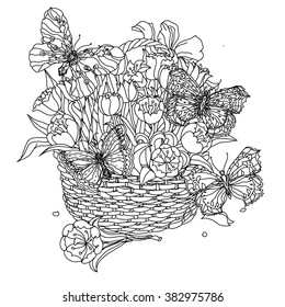 Hand drawing zentangle element. Black and white. Basket  with tulips and butterflies Vector illustration. The best for your design, textiles, posters, tattoos, corporate identity, coloring book