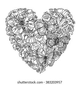 Hand drawing zentangle element. Black and white. tulips and butterflies in hear shape. Vector illustration. The best for your design, textiles, posters, tattoos, corporate identity, coloring book