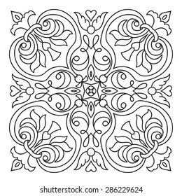 Hand drawing zentangle element. Italian majolica style Black and white. Flower mandala. Vector illustration. The best for your design, textiles, posters, tattoos, corporate identity